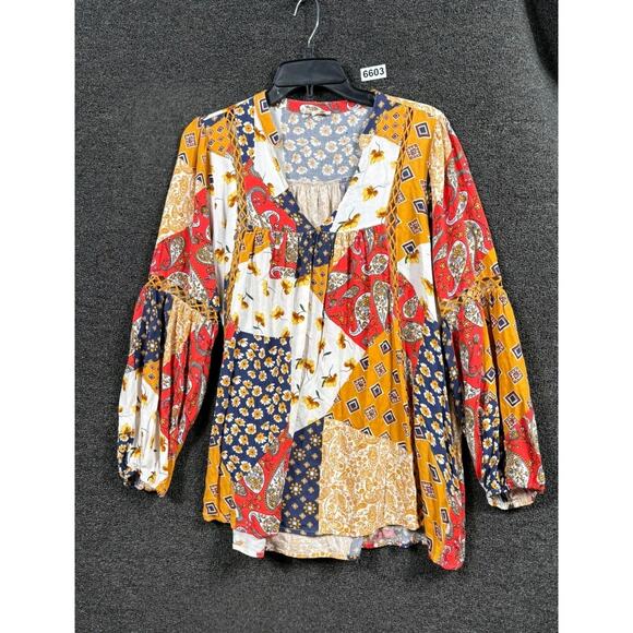 Oddy Tops - Oddy Peasant Geometric patchwork Floral Tunic Top Womens Sz L Multicolor V-Neck